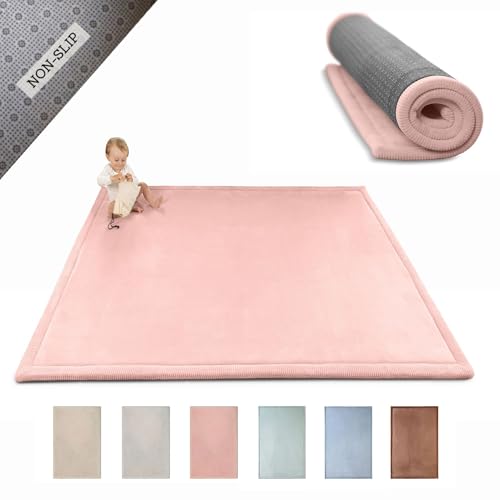Image of Stylish Coral Velvet Baby Play Mat 60" x 80" Pink – Soft 1" Thick High-Density Memory Foam Nursery Rug – Playmat for Floor with Non-Slip Backing for Crawling & Playing – Non-Toxic, odorless Area Rug