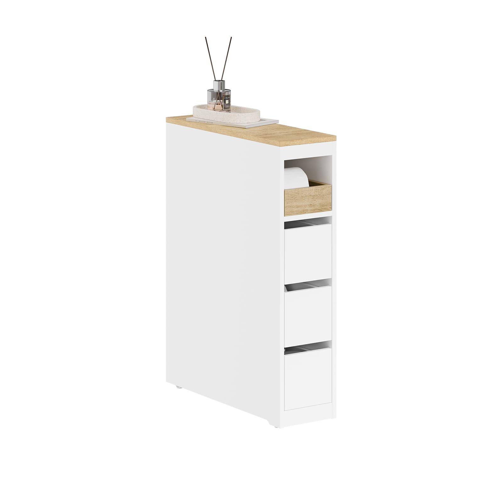 SoBuy Mueble Estrecho con Ruedas de 20cm, Muebles Auxiliares de Baño con 3 Cajones, Organizador Baño Armario para WC y Cocina, 60x20x82,3cm Blanco | Armario de baño estrecho de madera compacto para inodoro pequeño y cocina, color blanco, BZR54-K-W