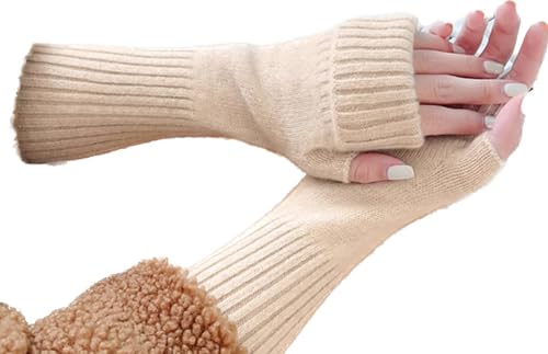 newbagggyy GLOVE Women's Winter 100% Cashmere Half Finger Gloves Knitted Typing Fashionable Exposed Fingerless Mittens (Beige, One Size)