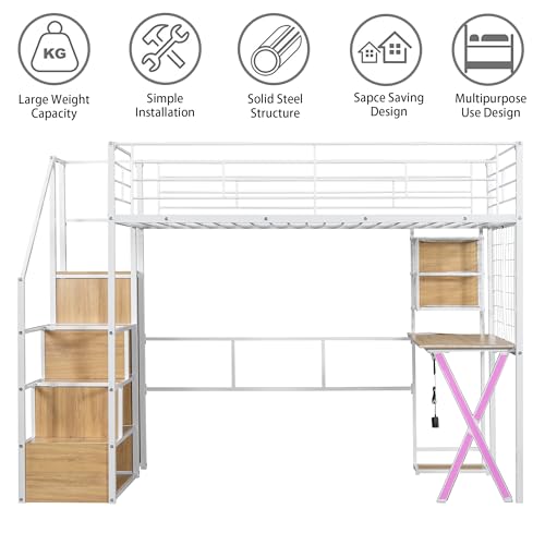 Twin Size Loft Bed with Desk and Storage Stairs,Metal Gaming Twin Loft Bed with LED Lighting, High Loft Bed with Wardrobe and Shelves for Boys,Girls,Teens, Adults,White