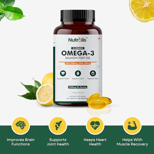 Image of Omega-3 Salmon Fish Oil Capsules 2500mg - Lemon Flavour Triple Strength Supplement for Heart, Brain, Joint Health, Cholesterol Management & Immune Support | 1080mg EPA and 720mg DHA | - 60 Softgels