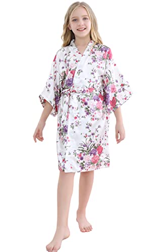 Morforu Girls Kids Daffodils Silky Satin Kimono Robe For Wedding Spa Party, Short (White, Tag 10) #TOP5