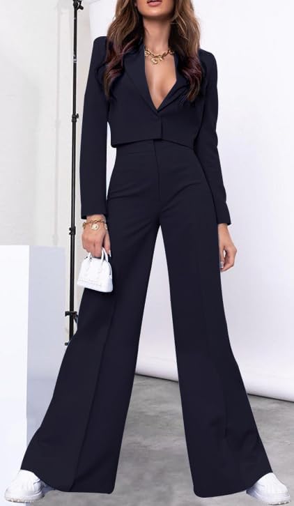 HipGlamp Women's Formal Long Sleeve Cropped Blazer & Wide-Leg Pant Suit Set with Deep V Neck Business to Cocktail Elegant - Image 2