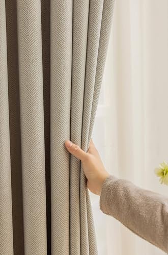 Musihy Blackout Curtains Bedroom, Pencil Pleat Beige Herringbone Textured Thermal Insulated Window Curtains for Window Treatment Living Room/Kitchen 54W x 108L inch - Image 6