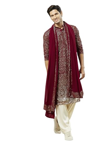 Image of VASTRAMAY Men Men's Maroon Georgette Kurta Patiala And Dupatta Set