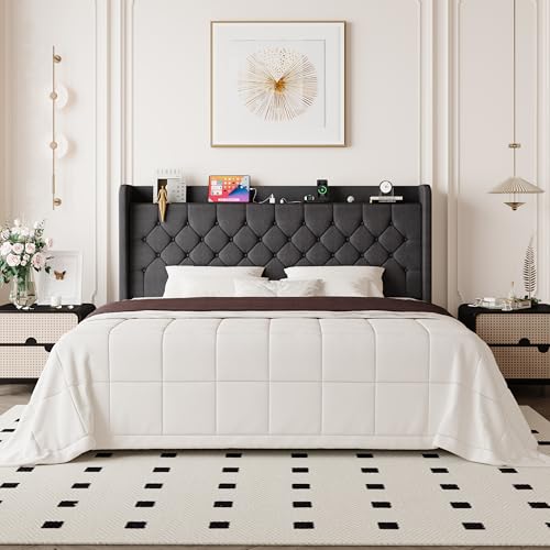Allewie King Bed Frame, Storage Headboard & Charging Station, Dark Gray