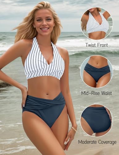 Image of Sopliagon Women's Bikini Sets Twist Front Two Piece Swimsuit Halter Bathing Suit