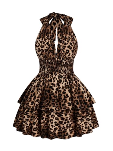 GORGLITTER Vestido halter para mujer, tallas grandes, vestido de fiesta, sin mangas, elegante, mini vestido con estampado de animales, vestido informal de línea A, vestido de festival, leopardo parden