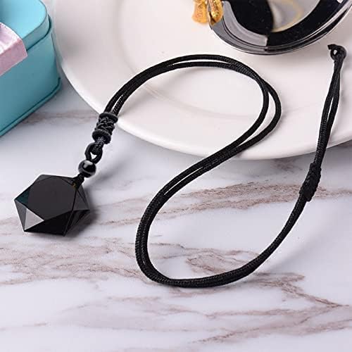 Black Obsidian Pendant Necklace, Hexagram Pendant Necklace Amulet Star Stone Necklace Hexagonal Stone Black Healing Crystal Necklace Reiki Necklace Black Gemstone Necklace for Women Men Teen Girls