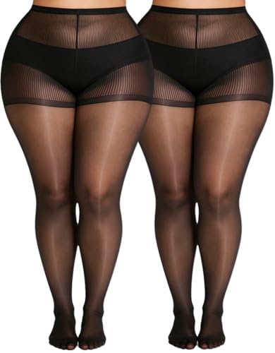 MERYLURE Plus Size Sheer Tights for Women 20D Control Top Pantyhose Reinforced Toes High Waist Stockings 2 Pairs 1XL-6XL