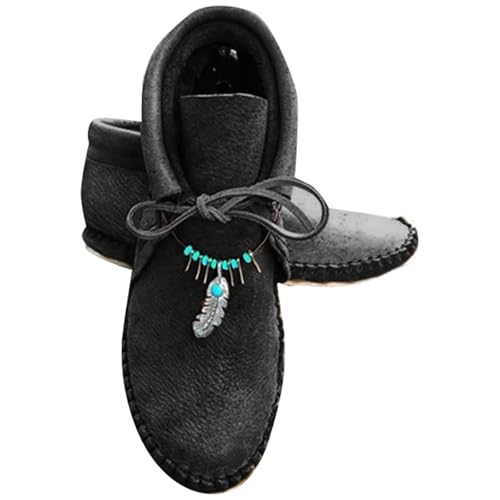 Botas de piel de vaca de mujer de tacón plano Invierno Cómodo de encaje redondo Botines planos romanos Botines cortos cómodos y cálidos Botines cortos casuales Mocasines Zapatos planos de cuero,