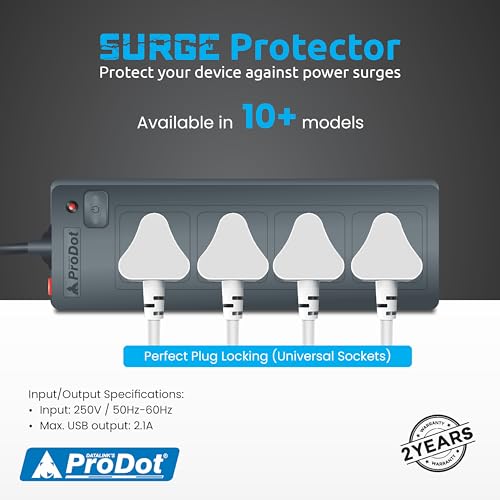 Image of Prodot 4 Universal Sockets Surge Protector with 2.5m Heavy-Duty Copper Cord | Up to 2500W (250V~10A) I 350 Joules Protection I Automatic Overload Protection I Shock-Proof ABS Body I Home & Office Use