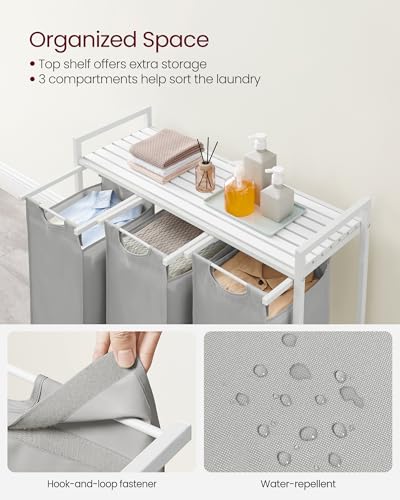 Image of VASAGLE Laundry Hamper, Laundry Basket, Laundry Sorter with 3 Pull-Out and Removable Bags, Shelf, Metal Frame, 3 x 10.6 Gallons (40 L), 36.4 x 13 x 28.4 Inches, Dove Gray and Cloud White UBLH301W03