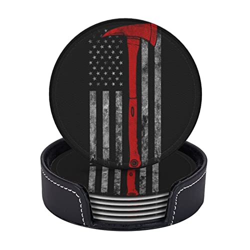 AUGUSTRUSH Round PU Leather Coasters Set of 6, Firefighter Axe Red Line Flag Print coaster with Storage Box, Heat-Resistant Non-Slip Drink Pads for Kitchen Desk Office Dining Table