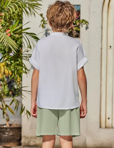 Image of Arshiner Boy's 2 Pieces Linen Sets Short Sleeve Henley Shirt and Shorts Summer Beach Matching Outfits 4-12 Years