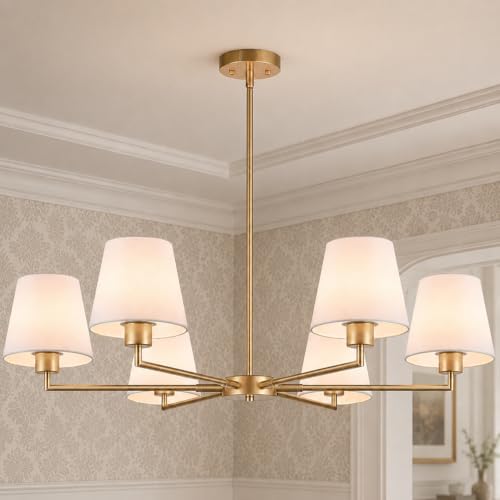 36" Gold Dining Room Light Fixture, No Assembly Required 6-Lights Kitchen Chandelier for Dining Room with White Fabric Shade, Chandelier Ceiling Light Fixture for Kitchen Island Bulb Not Included