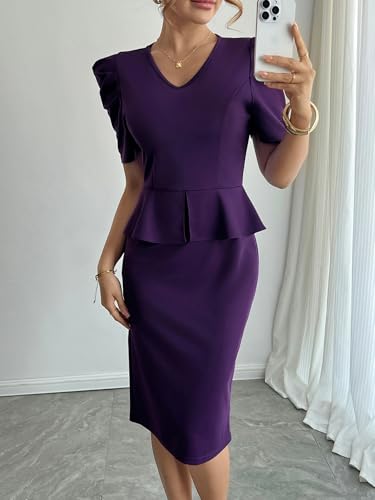 Image of Mokayee Womens Summer Puff Sleeve V Neck Peplum Church Business Work Pencil Dresses