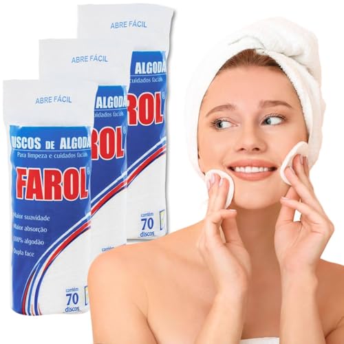 Kit de Algodão Disco Dupla Face Farol 75g – 3 Pacotes com 70 Discos Cada, Total de 210 Unidades, Sua