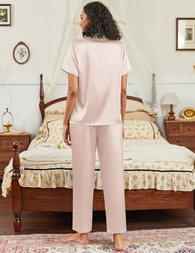 Image of Ekouaer Satin Pajamas Set for Women Silk Button Down Sleepwear Short Sleeve Loungewear 2 Pieces Nightwear