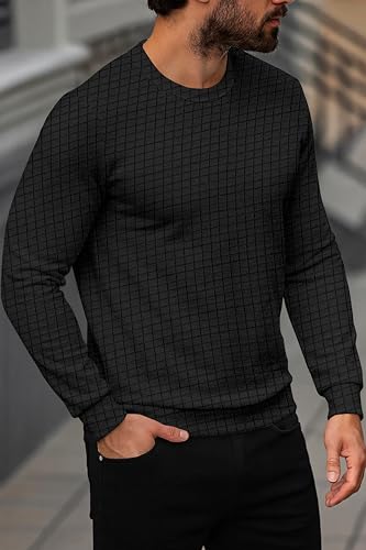 Image of KAJARU Quilted Pattern Long Sleeve Sweatshirt, Round Neck, Men's Casual Pullover, Grey, Black, Beige