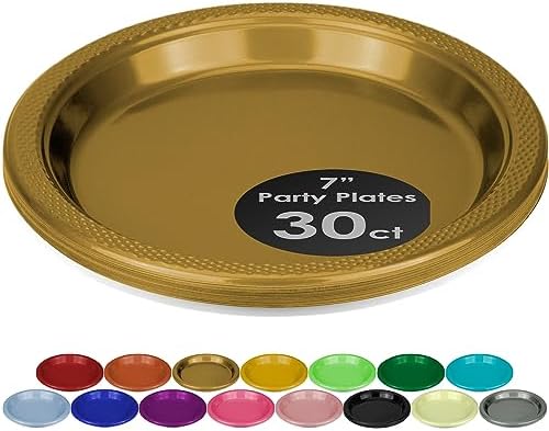 DecorRack 30 Small Plastic Plates, Heavy Duty 7 inch Colored Plastic Dinner Plates, Disposable Party Ware for Kids Birthday, Cake Dessert Plates, Holiday Tableware, Gold (Pack of 30)