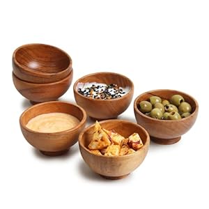 Set of 6 Acacia wood small bowls, 4 fl oz 3.25 * 2 inches | Hand carved wooden Kitchen Mini Cups for dipping sauce, salsa, Prep, salt & Condiments | Charcuterie board accessories
