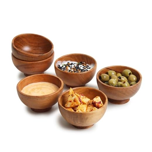 LAVAUX Designs Juego de 6 cuencos pequeños de madera de acacia | 120 ml cada uno| Tazas de cocina de madera tallada a mano para servir salsas, nueces, dulces y condimentos | lindas mini tazas |13x5 cm