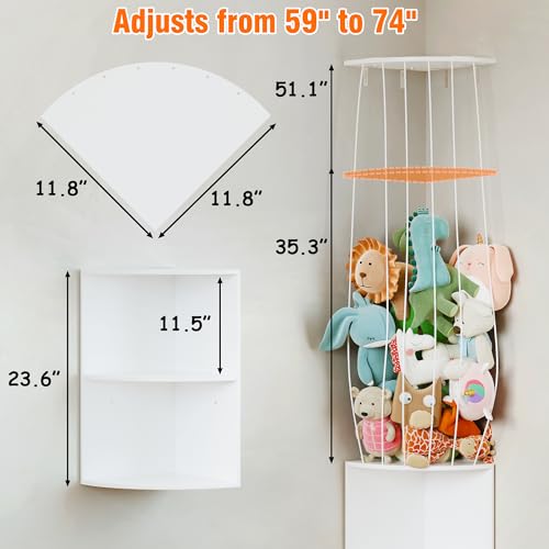 Image of 74.7 inch H Stuffed Animal Storage with 2-Tier Corner Bookshelf - Wall Mount Height Adjustable Plush Toy Organizer, Wooden Kids Bookshelf for Small Spaces Nursery Playroom Kids Room, White