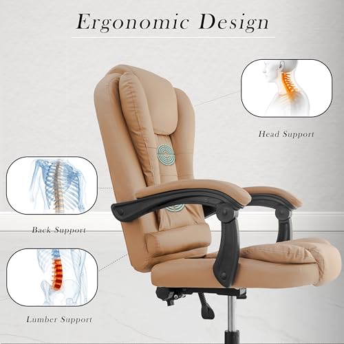 Image of NORMAN JR Italia Premium Leatherette Office Chair for Work | Boss Chair, Ergonomic Executive, Luxurious Cushioned Arms & Seat, 2 Point Back Massager, Heavy Duty Metal Base (Beige)