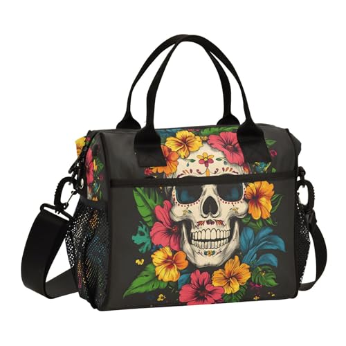ALAZA Sugar Skull Flower Day Of The Dead Insulated Lunch Bags Lunchbox Cooler Reusable Large Lunch Tote Bag Shoulder Bag for Work Picnic School S