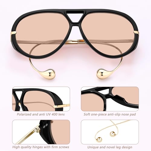 KesaPlan Vintage Oversized Aviator Sunglasses Women with Earring, 70s Retro Shield Big Frame 2025 Luxury Trendy Sun Glasses4
