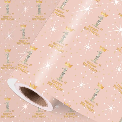 Happy 1st Birthday Wrapping Paper for 1st Birthday Girls Rose Gold 1st Birthday Decorations for Girls Mini Roll 17 Inches x 16.4 Feet 1st Birthday Gifts Ideas for Daughter Granddaughter Friends
