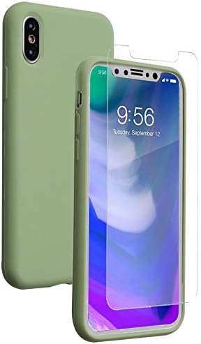 iPhone X Case, Soft Liquid Silicone Phone Case with [Free Tempered Transparent Glass Screen Protector] Gel Rubber Shockproof Cover Full Protective Case for Apple iPhone X (Green)
