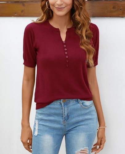 Image of Women Summer Knit Shirt Blouse V Neck Short Sleeve Pullover Sweater Tops