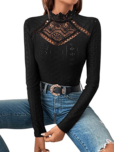 GORGLITTER Damen Bodysuit Elegant Bodies Stehkragen Öse Stickerei Bodys Langarm Body mit Spitzeneinsatz Schwarz XXL