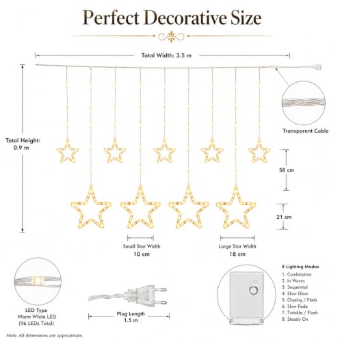Image of Desidiya Star Curtain LED String Lights for Decoration | 120 Warm White | SMD LEDs | 10 Hanging Drops | 8 Lighting Modes | Waterproof Curtain Fairy Lights for Diwali, Christmas & Home Decor (11 Ft)
