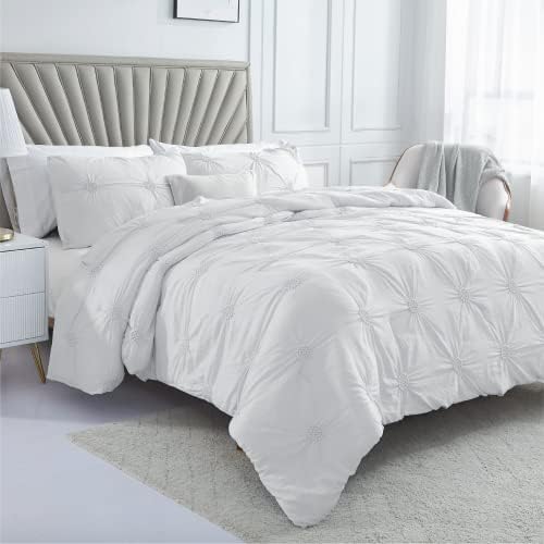 Swift Home Full Queen White 3-Piece Down Alternative Comforter Set Bedding Ruched 3D Floral Pintuck All-Season, Machine Washable