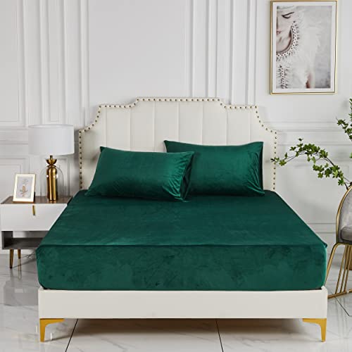 Damier Plüsch Spannbettlaken 90x200cm Grün Dunkelgrün Winter Flanell Spannbetttuch Warme und Flauschig Bettlaken, geeignet für Matratzen bis 30cm