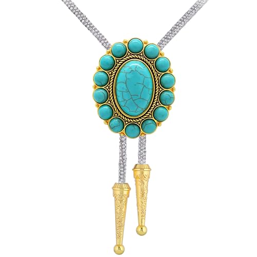 Image of GelConnie Bolo Tie for Men Women Western Cowboy Turquoise Leather Necktie | Natural Stone Bolo Tie Necklace for Women Rodeo Cowboy Leather Necktie Native American Western Cowgirl Ties Adjustable Cord