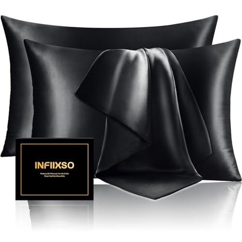 Image of INFIIXSO Silk Pillow Cases 2 Pack Standard Size, Ultra Smooth & Soft Mulberry Silk Pillow Case for Hair and Skin, Breathable Cooling Silk Pillowcase with Hidden Zipper (Black, 20x26 Inches)