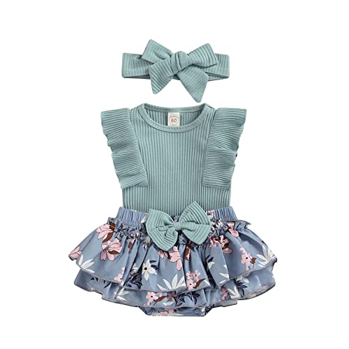 Image of Kuriozud Newborn Infant Baby Girl 2 Piece Summer Outfits Tank Bodysuit Top + Ruffle Bloomer Shorts Set Clothes