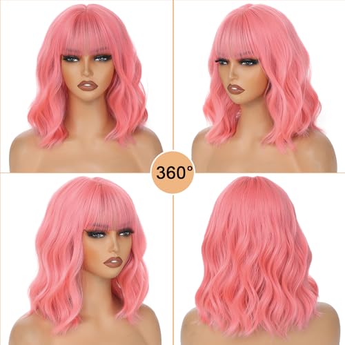 ago pink wigs short wavy hair pastel bob wig with bangs shoulder length synthetic hair for women girl colorful cosplay wig synthetic heat resistant fiber for daily party halloween use313pink