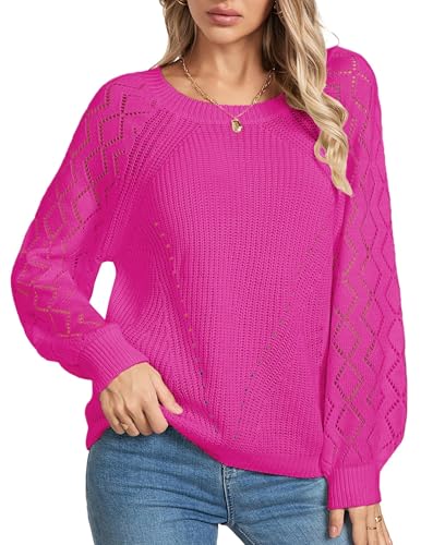 Image of Libsorge Womens Cute Crochet Knit Hollow Out Sweater Fall 2024 Lightweight Ribbed Crewneck Long Sleeve Pullover Top