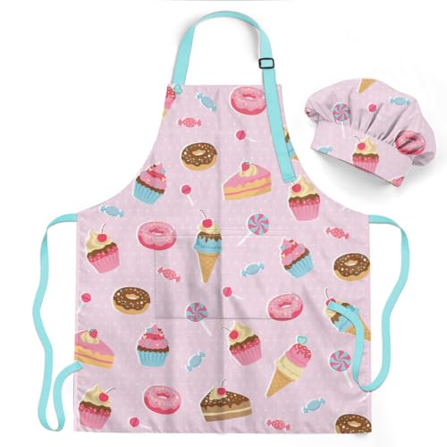 Dessert Kid Apron for Girls with Pocket & Chef Hat, Polyester Baking Painting Gardening Apron, Gift for Christmas Birthday