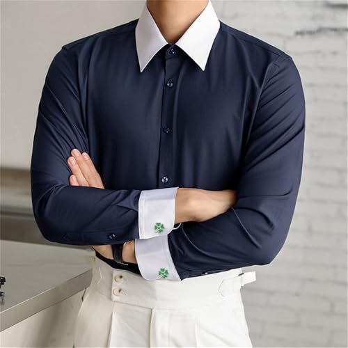 Mancornas y botones de camisa trébol de cuatro hojas plateados miniatura 2