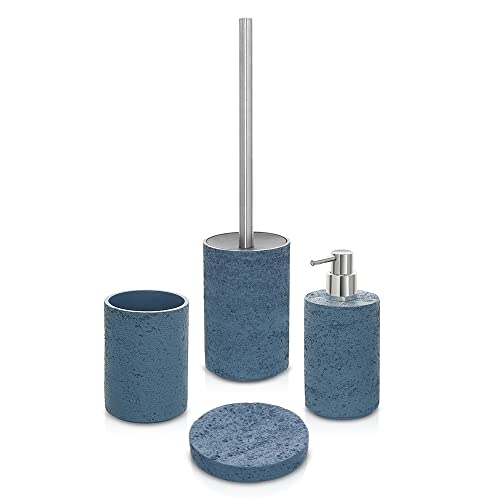 Inbagno Set Bagno Accessori Completo – 4 Pezzi, Kit Accessori Appoggio Effetto Pietra Turchese Cobalto, Include Dispenser, Portaspazzolini, Portasapon