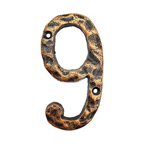 Hausnummern, rustikale Hausnummer aus Gusseisen, mit einzigartigem gehämmertem Aussehen mit ungleichmäßigem antikem Messing-Finish, Nummer 9, 14 cm