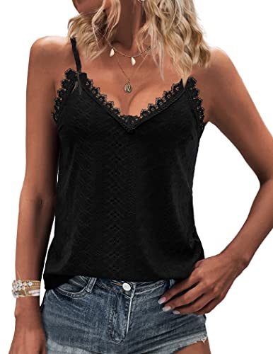 Hotouch Black Tank Top Women Summer Tops V Neck Casual Sleeveless Cami Floral Trim Top Loose Black L #TOP27