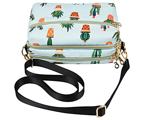 YANAIER Damen Umhängetasche Klein Mini Bag Sling Tasche Handtasche Frauen Mädchen Tasche mit Vielen Praktischen Taschen Nylon Schultertasche Grüner Kaktus