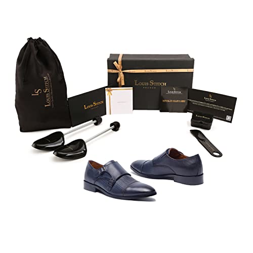LOUIS STITCH Men's Italian Double Monk Strap Shoes Handmade British Style Leather Shoes for Men (EUWEDM)